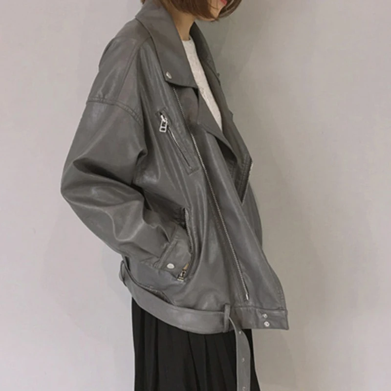 PERHAPS U Women PU Faux Leather Bomber Jacket Handsome Black Gray Long Sleeves Pocket Solid Zipper Thin Section C0079