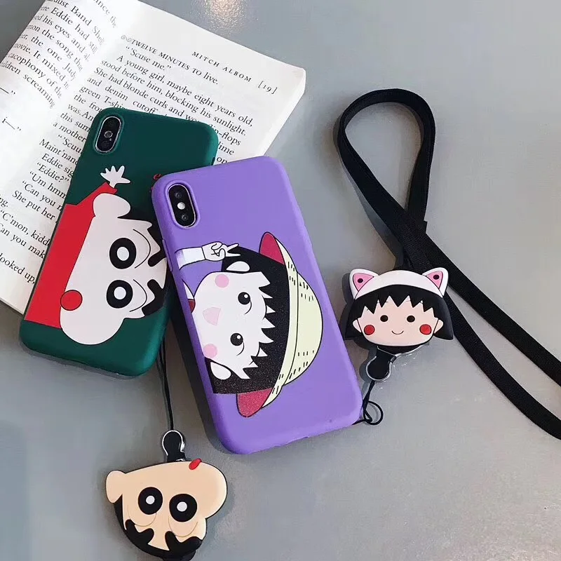 GYPHCA Big head Doraemon Chi-bi Maruko phone Case For iphone X XR Xs Max Mobile lanyard Soft Cover 6 7 8 plus |