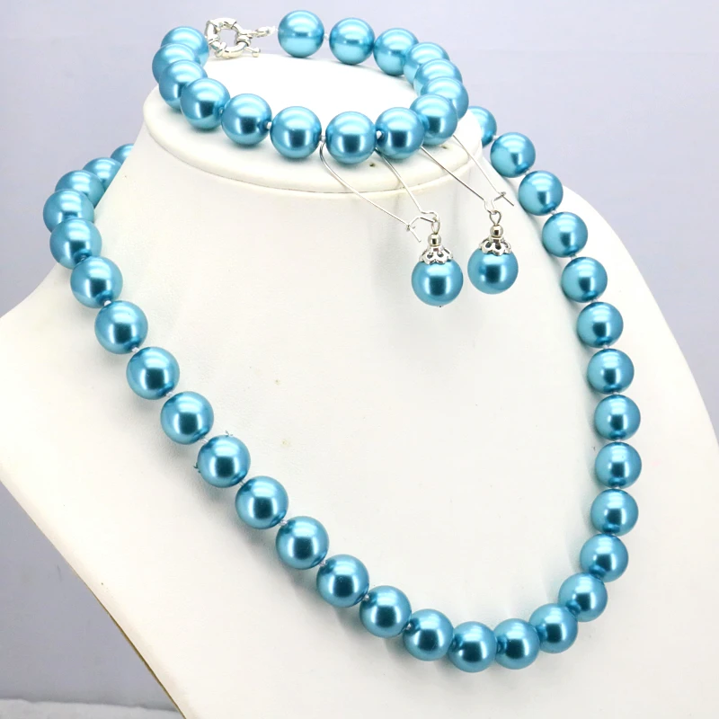 Ожерелье женское из голубого стекла с жемчугом колье 12 мм браслет 18 дюймов серьги