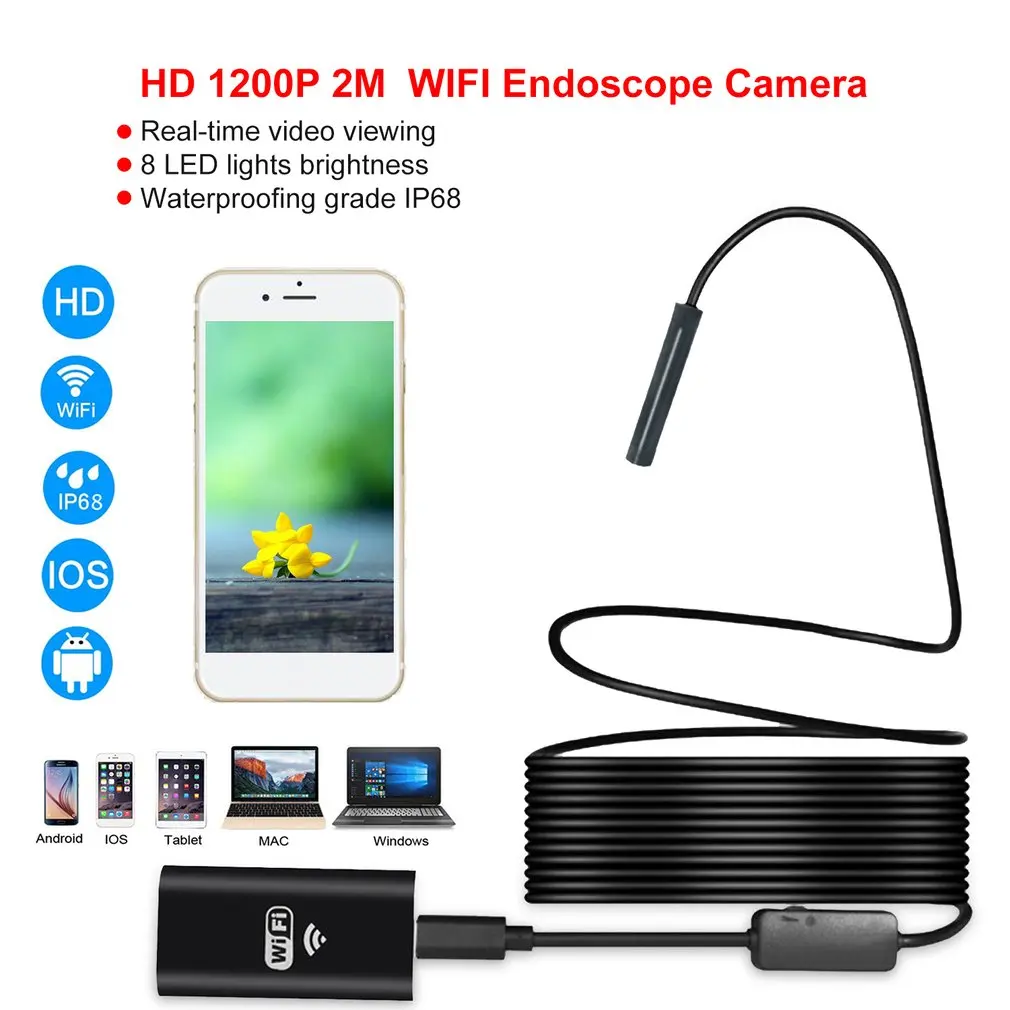 Wi Fi эндоскоп камера HD 1200 P 2 м водостойкий 110A жесткий провод 8 светодиодный