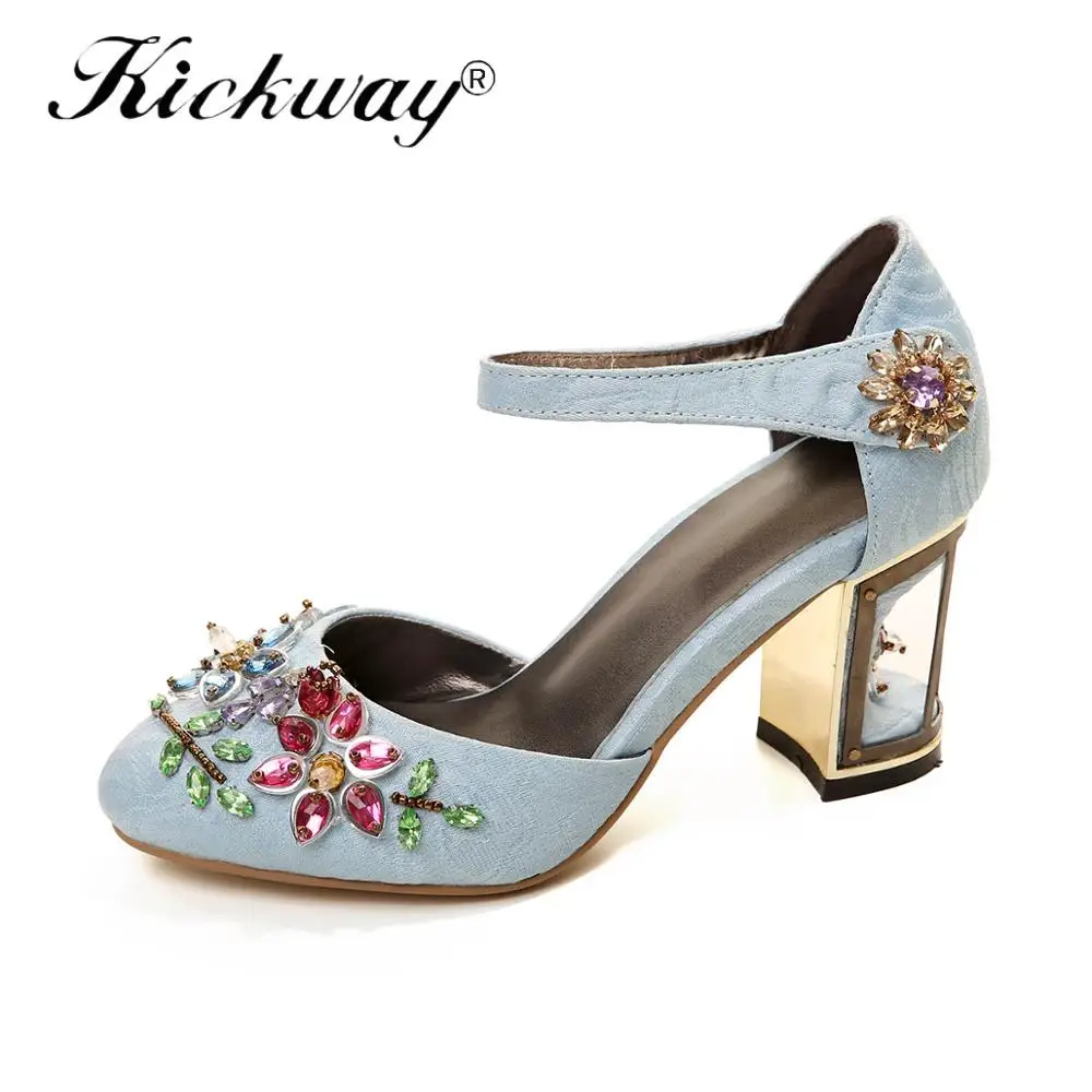Light Blue Kickway/Женская обувь на высоком каблуке; Новинка; милые женские туфли-лодочки с круглым носком и украшением в виде кристаллов; необычный стиль; женская обувь для вечеринок; большие размеры 34-43 - Цвет: Light Blue