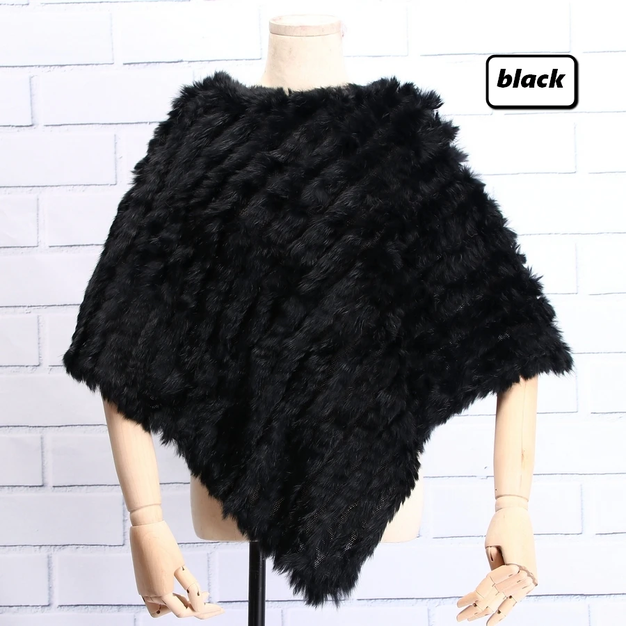 black ZDFURS* Настоящий вязаный кроличий мех пончо обёрточная бумага пашмины шарфы женский вечерний пуловер натуральный кроличий мех шаль треугольная накидка - Цвет: black