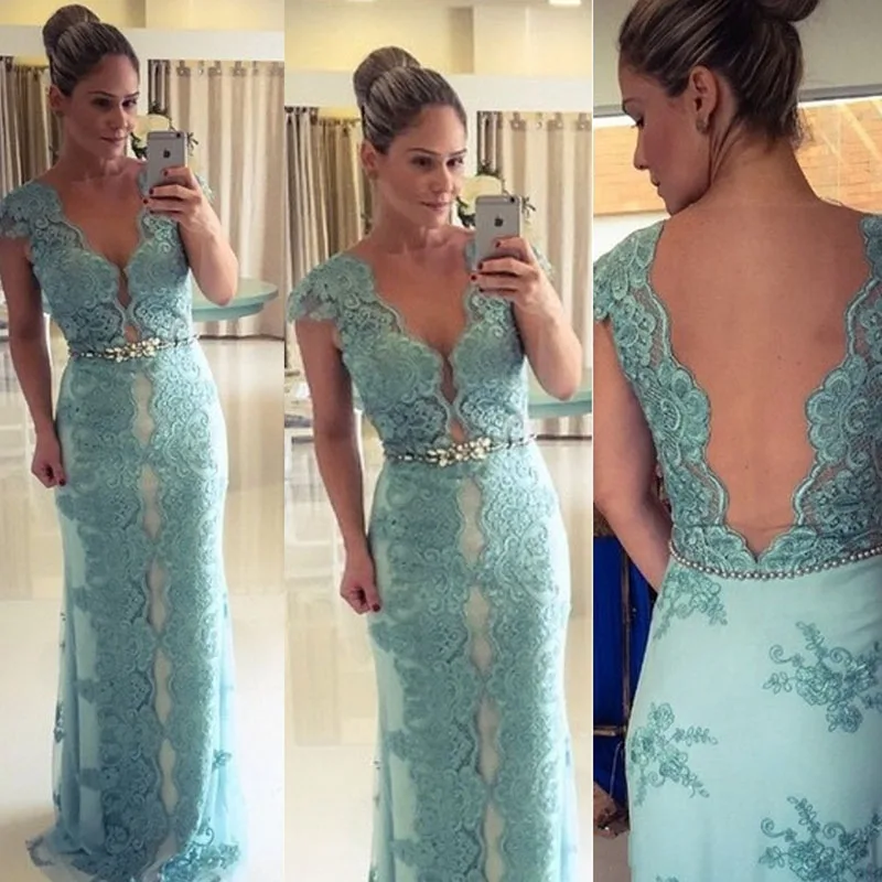 hot sale 2015 Sexy Sheer Back Lace Mermaid Prom Dress Women Formal Evening Gown Special Occasion Dresses With Crystal Belt | Свадьбы и