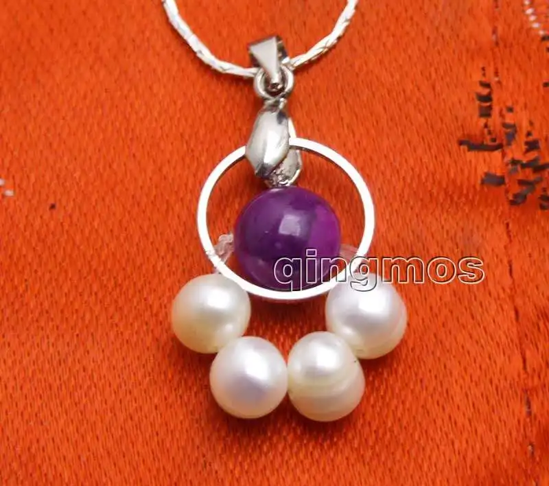 6-7mm white Natural pearl and 8mm Sugilite with 14mm metal Round Free silver plate cord 17&quot necklace-6402 | Украшения и