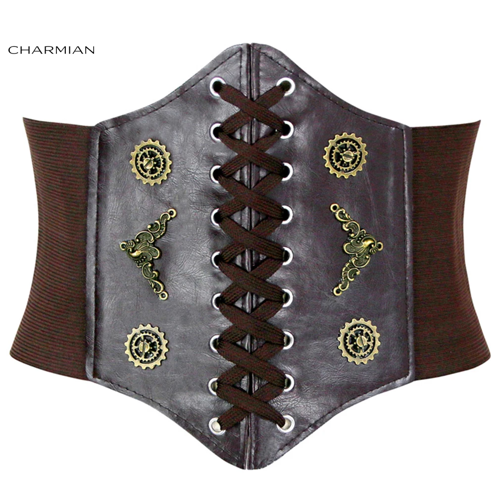 Charmian Steampunk Leather Belt Black Women Fashion Bronze Metal Wheel Gear Front Lace Up Wide High Waisted Cincher Corset Belt