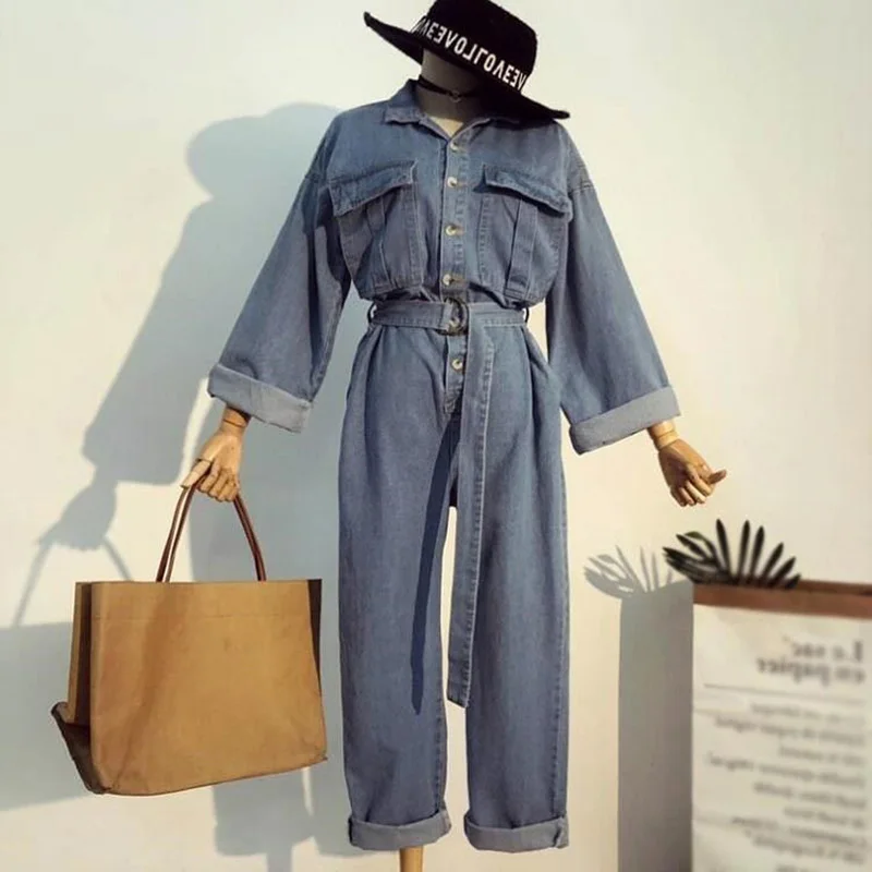 light blue Женские джинсовые комбинезоны корейские Комбинезоны с длинными рукавами винтажные повседневные свободные джинсы с поясом Комбинезоны женские брюки карго одежда - Color: light blue