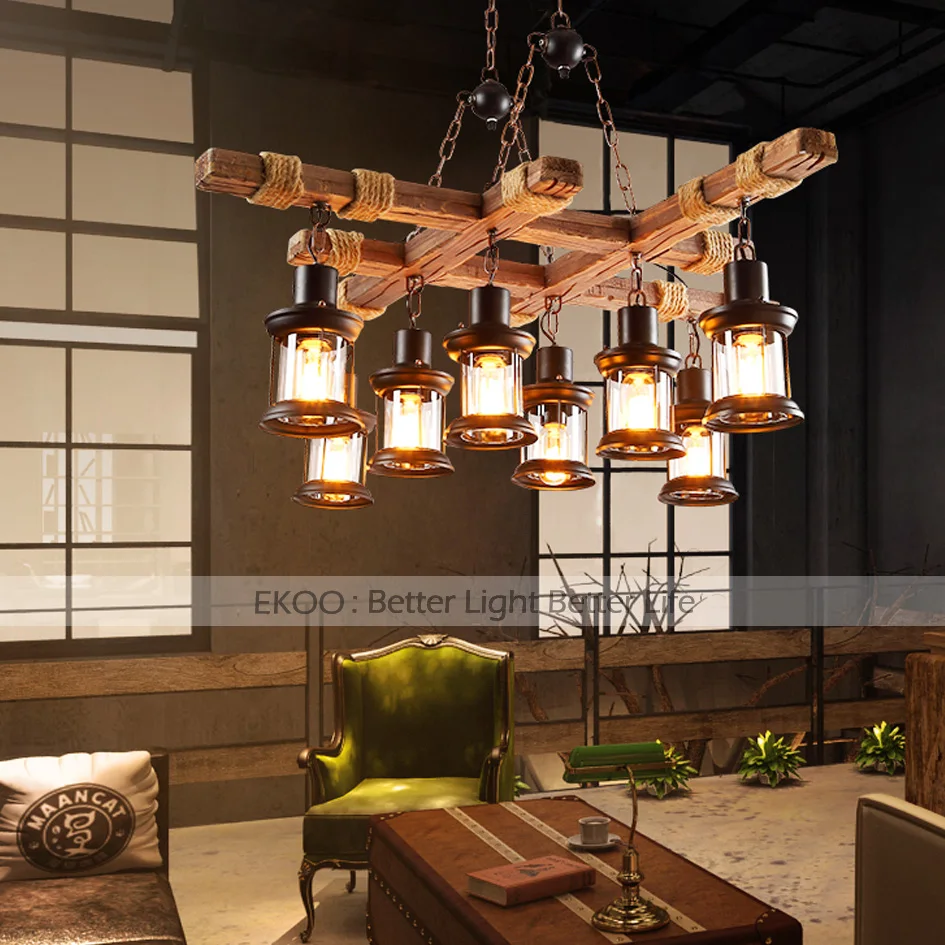 EKOO-Lámpara de araña de madera de Industrial Retro Vintage, luz rústica de hierro para restaurante, bar y sala de estar, 8 Uds.