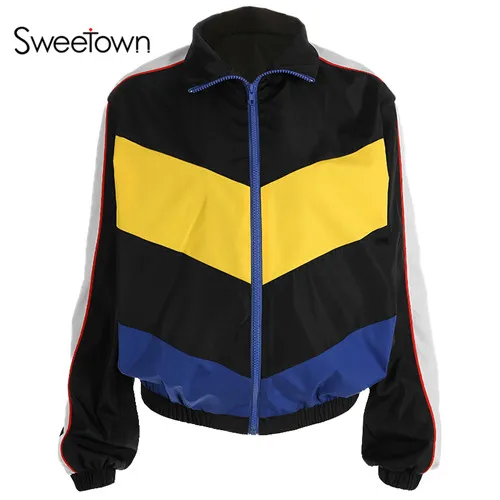 jacket Sweetown комплект из двух предметов, топ и штаны, уличная одежда, спортивный костюм, Женская куртка-бомбер и Лоскутные Спортивные штаны, комплект из 2 предметов, длинные штаны - Цвет: jacket