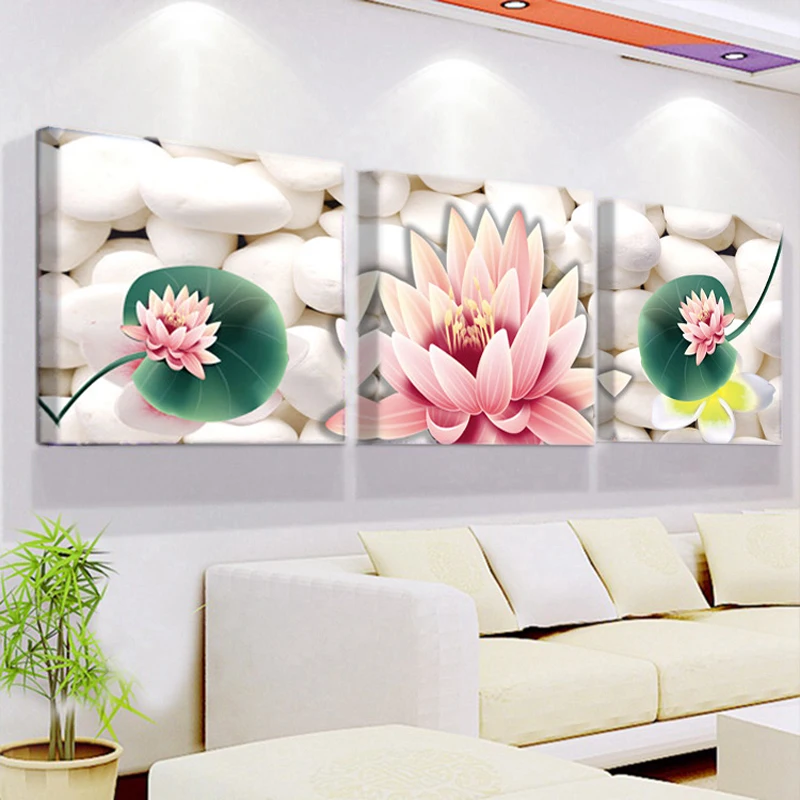 

Modern Home Wall Art Deco Frame Modular Picture 3 Pieces Pink Lotus Cobblestone HD Printing Canvas Painting S334