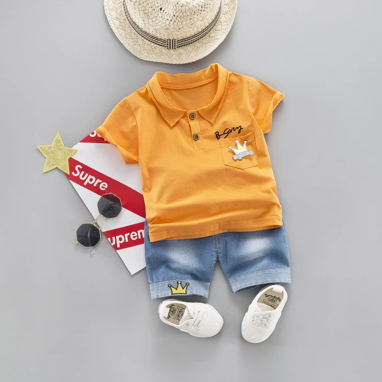 Orange no shoes hat Хлопковая футболка с отложным воротником для маленьких мальчиков, комплекты одежды, летние джинсы с короной, короткая детская одежда, костюм для детей, костюмы - Цвет: Orange no shoes hat
