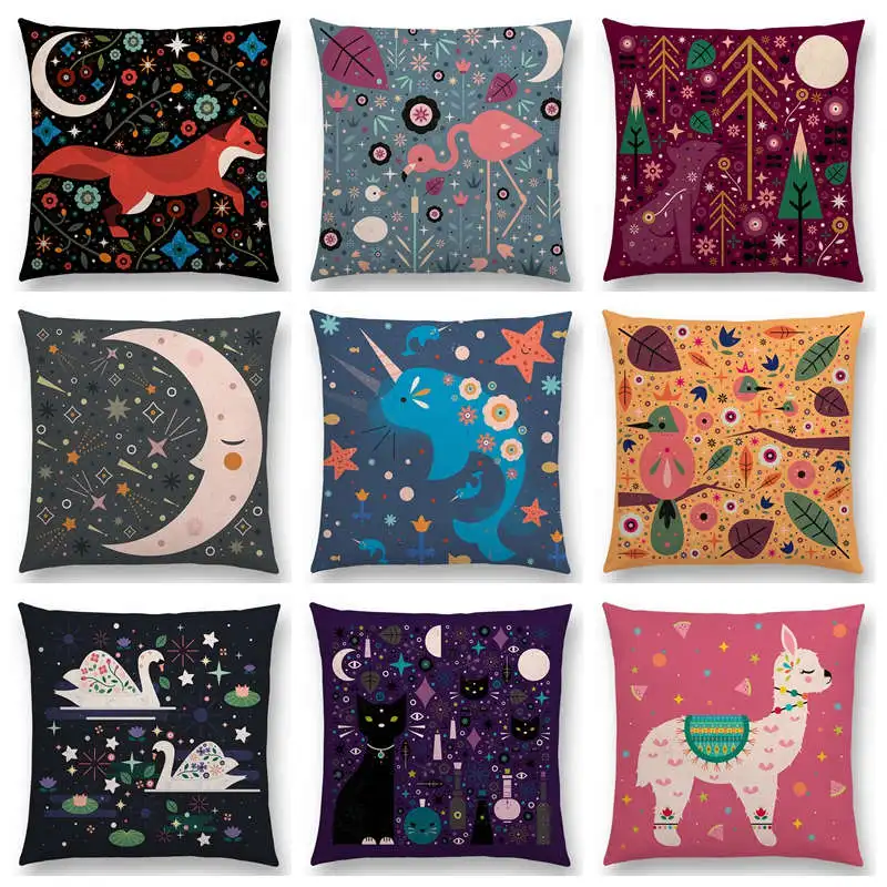 Милые Мультяшные животные диван наволочка цветы лист луна звезды ночное небо