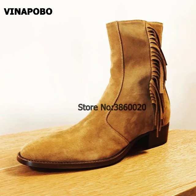 VINAPOBO/; Коричневые Замшевые мужские ботильоны с кисточками; модные кроссовки на низком каблуке с боковой молнией и бахромой; высокие ботинки «Челси»; Ботинки martin