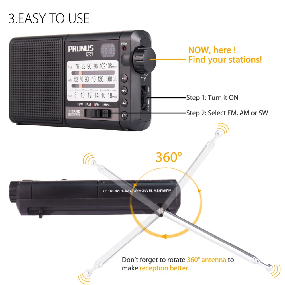 PRUNUS J 01 радио превосходное Приём FM/AM (MW)/SW Micro SD MP3 DSP транзисторы Портативный с 2200 mah