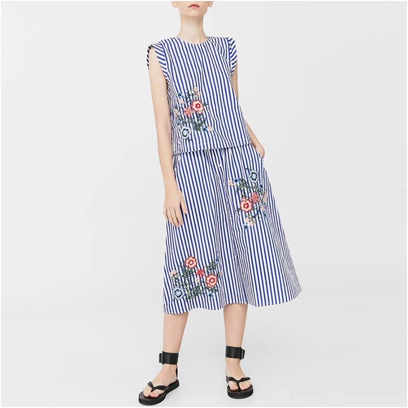 NYMPH 2017 Женские Летние Стильные комплекты полосатый синий комплект из 2 предметов топ с вышивкой и юбки двух