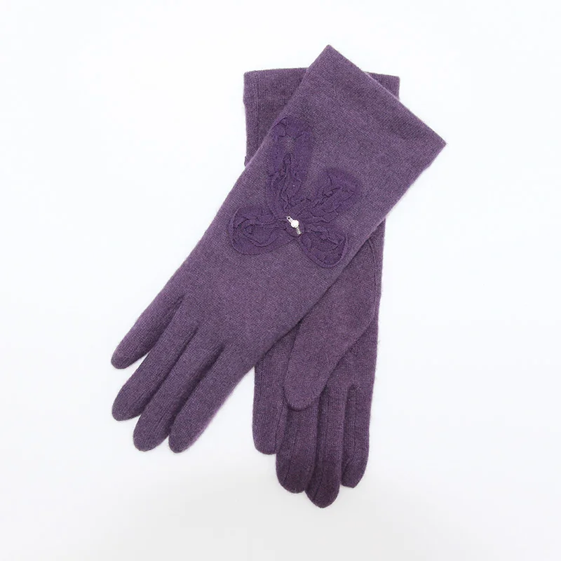 purple Зимние перчатки, новинка, женские длинные перчатки, плюс бархат, теплые шерстяные перчатки, цветной бант, милые, пять пальцев, бархатные кроличьи меховые варежки - Цвет: purple