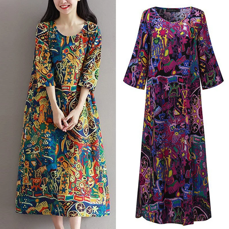Летнее праздничное хлопковое платье свободного кроя с рукавом 3/4 и круглым