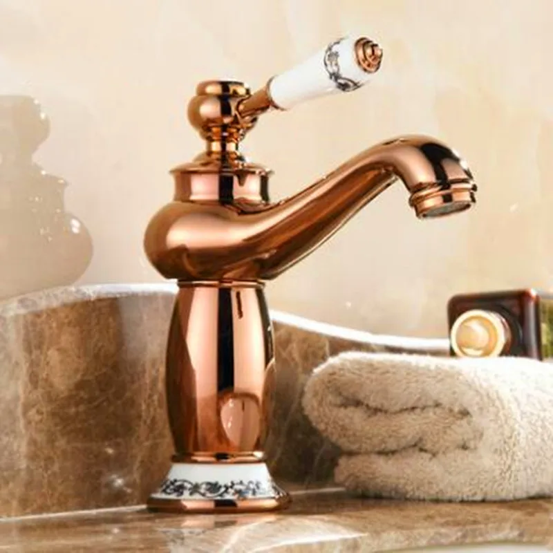 rose gold LIUYUE смеситель для раковины, латунный золотой ретро фарфор, смеситель для ванной комнаты, Современный чайник, дизайнерский кран, смеситель для холодной и горячей воды - Цвет: rose gold
