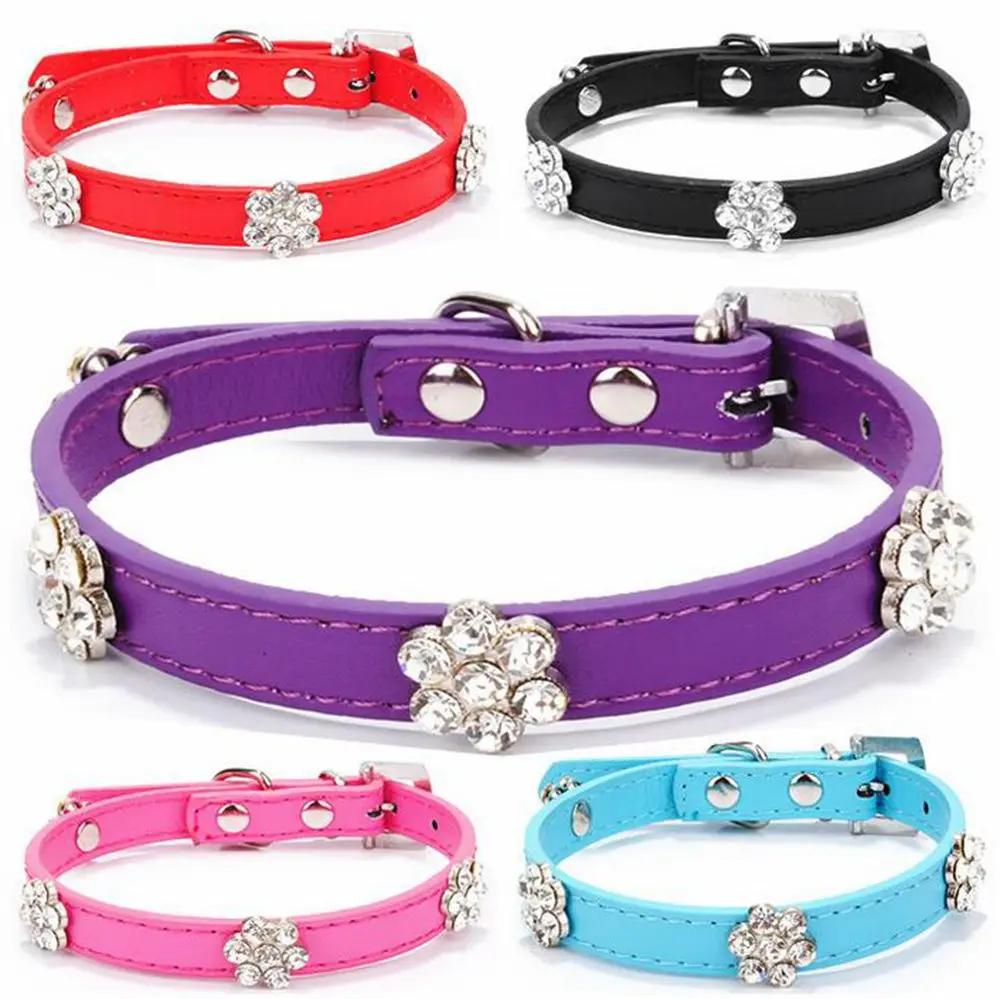 

Bling Rhinestone Flower Studded Cat Dog Collars PU Leather for Puppy Dogs