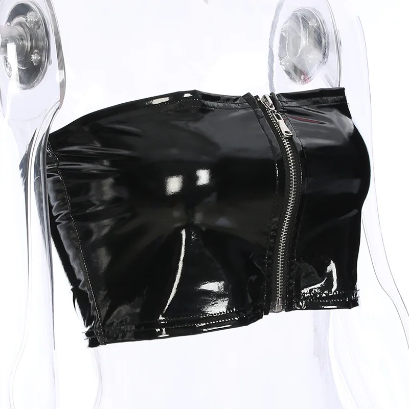 XUANSHOW Summer Tops for Women 2018 Streetwear Black PU Leather Zipper Strapless Crop Stretch Wrap Tank Top Tee Cropped Feminino | Женская