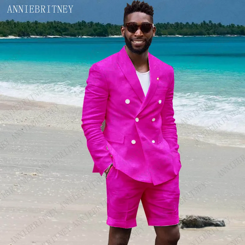 ANNIEBRITNEY Summer Linen Suit Men 2020 Man Blazer Hot Pink Slim Fit Groom Wedding Tuxedos Jacket with Short Pants Set 2 Pieces