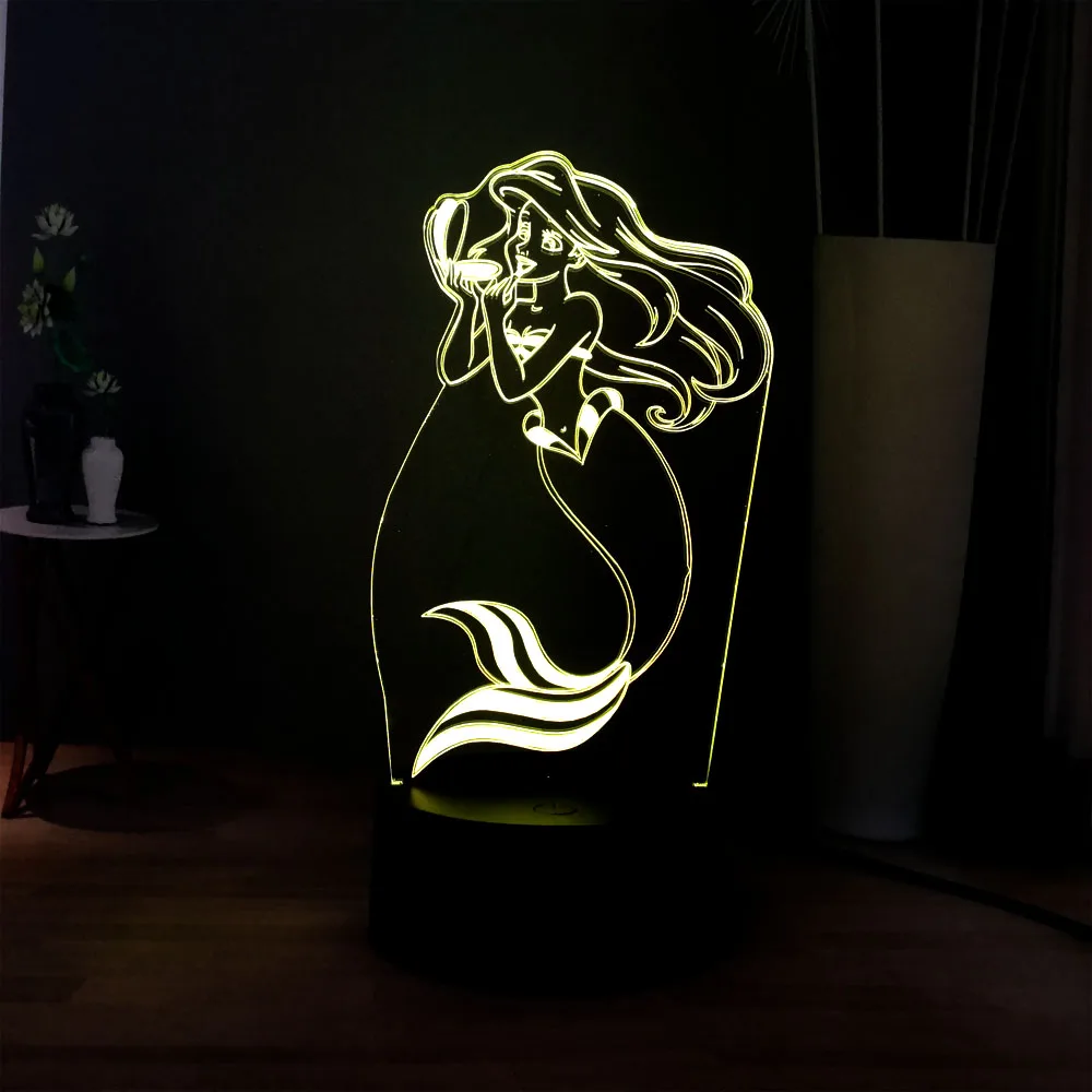 Иллюзия мультфильм 3D лампа Красивая Русалочка красочные изменения вспышки декоративные светильники USB мини сенсорный пульт дистанционного светодиодный ночник