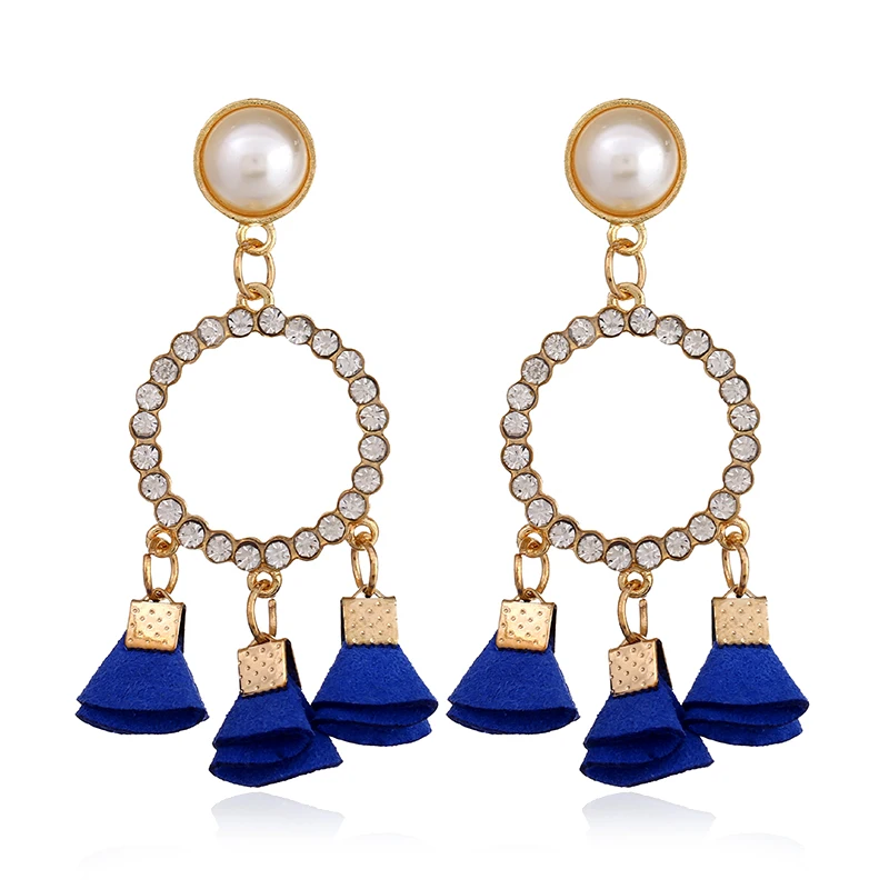 New Fashion Imitation Pearls Dangle Crystal Rhinestone Circles Fabric Tassel Drop Earrings For Women Statement Jewelry AE121 | Украшения и