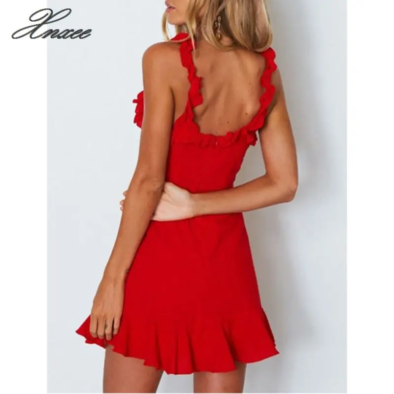 

Summer Sexy Party Dress Women Solid Vintage Ruffle Backless Mini Dresses Woman Party 2020