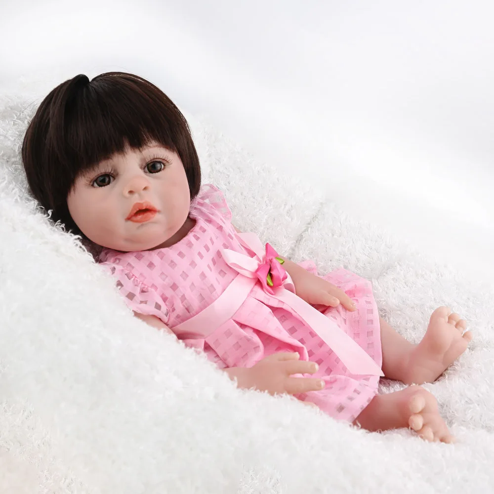 NPKDOLL Reborn Baby Doll девочка Babe Boneca 17 Дюймов Полное виниловое розовое платье принцессы черные парики Мягкий силиконовый подарок на день рождения