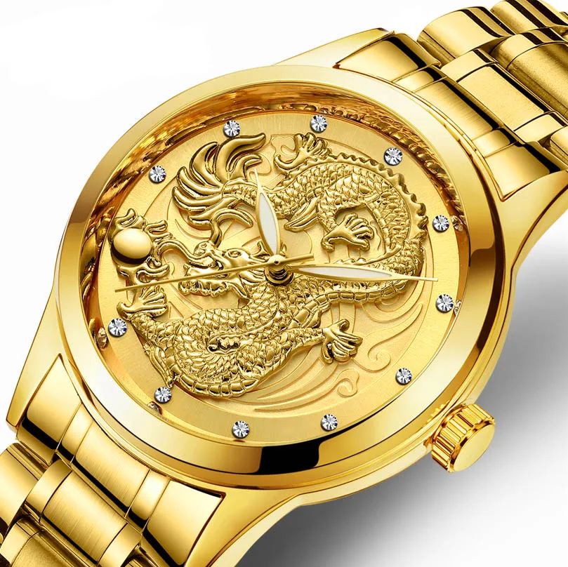 FNGEEN New watch male quartz dragon pattern luminous gold color ultra-thin steel belt | Наручные часы