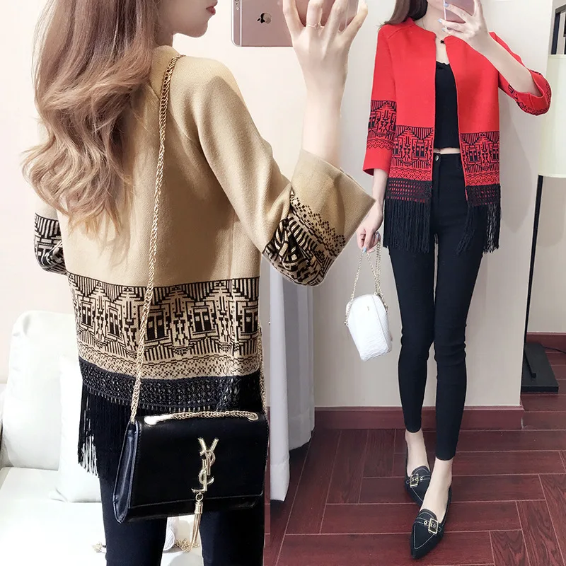 2019 весна и осень Новая женская тонкая просторная вязаная кофта рубашка длинный