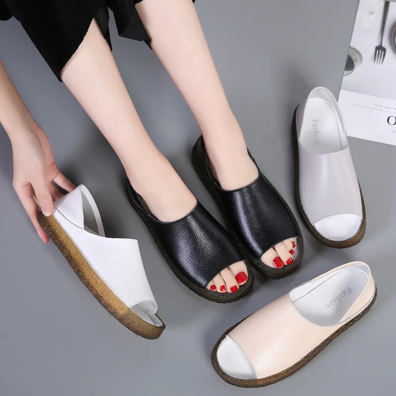 New Hollow Woman Sandals Cut Outs Women Summer Shoes Genuine Leather Female Flats Beach Women's Loafers Big Size 35-44 dobeyping | Обувь