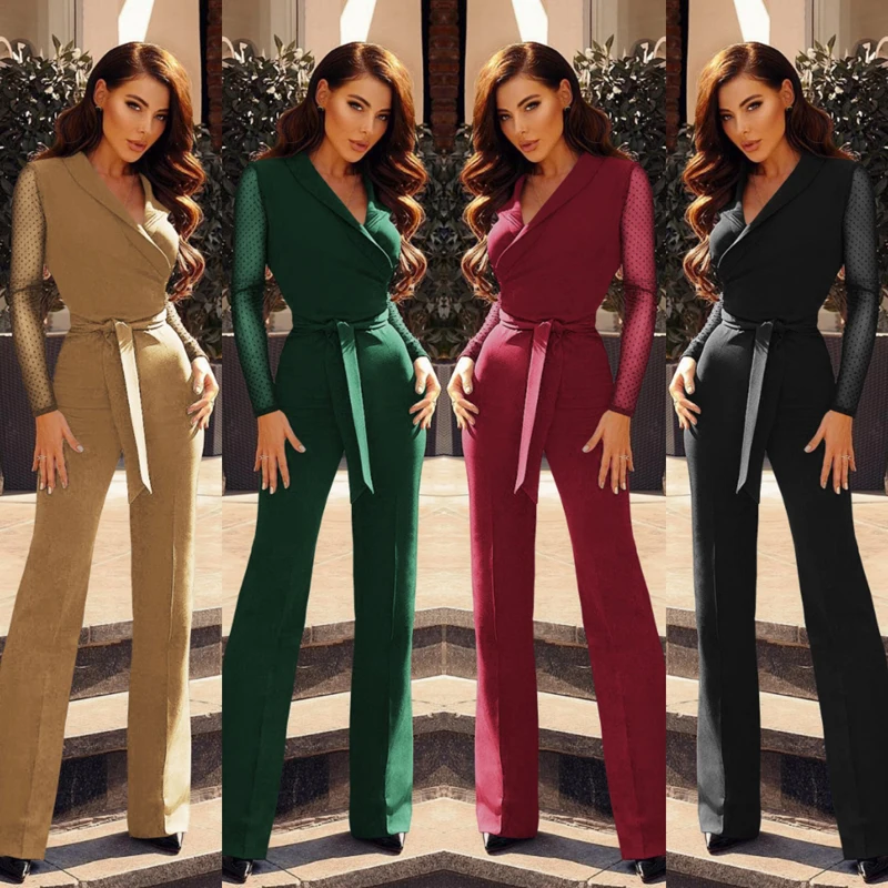 

Fashion V-Neck Waist Splicing Wave Point Long Sleeve Casual Jumpsuit Solid New Style Overalls For Women Bodysuit