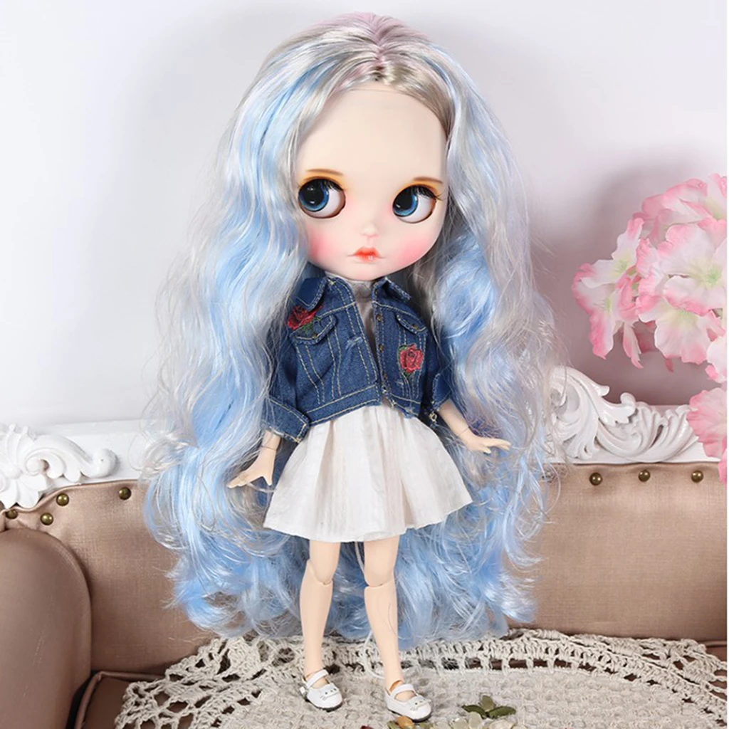 Blue 1/6 кукла большой кудрявый парик волосы с шапкой головы для Blythe куклы украшения одежды аксессуары - Цвет: Blue