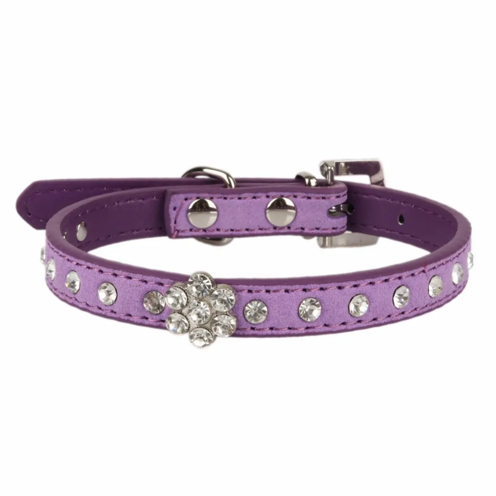 Ошейники для кошек из натуральной кожи с кристаллами и цветком замшевые ошейники