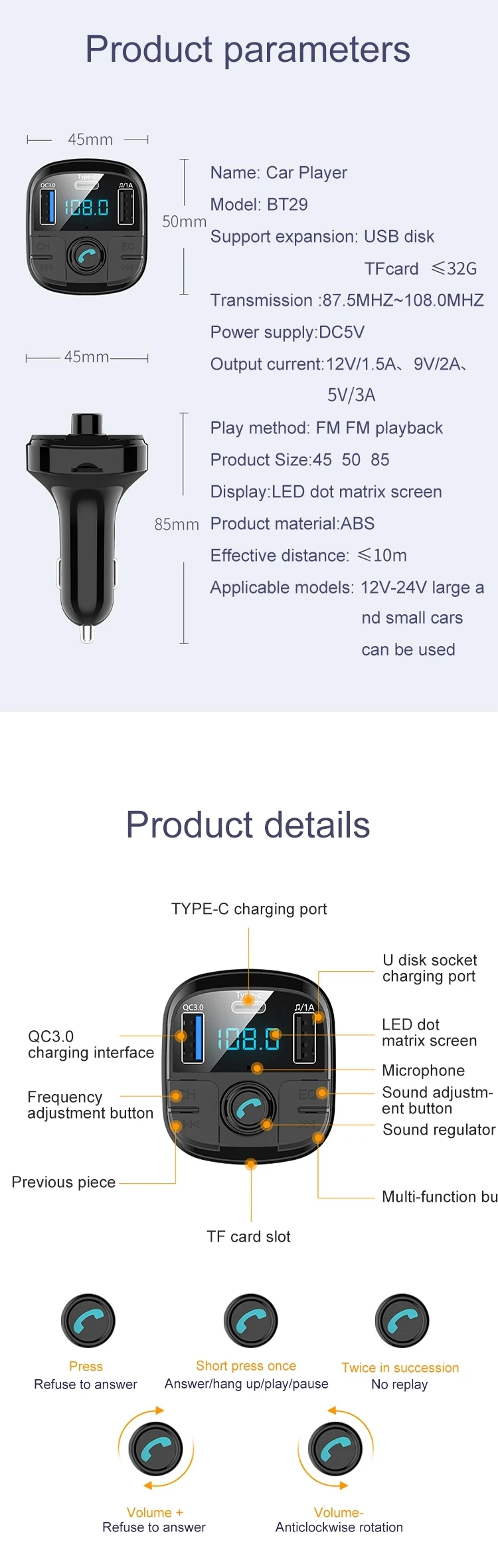 JINSERTA Latest Bluetooth 5.0 Car FM Transimtter QC3.0 Quick Charger Type-c FM Modulator TF USB Pendrive Music Car MP3 Player