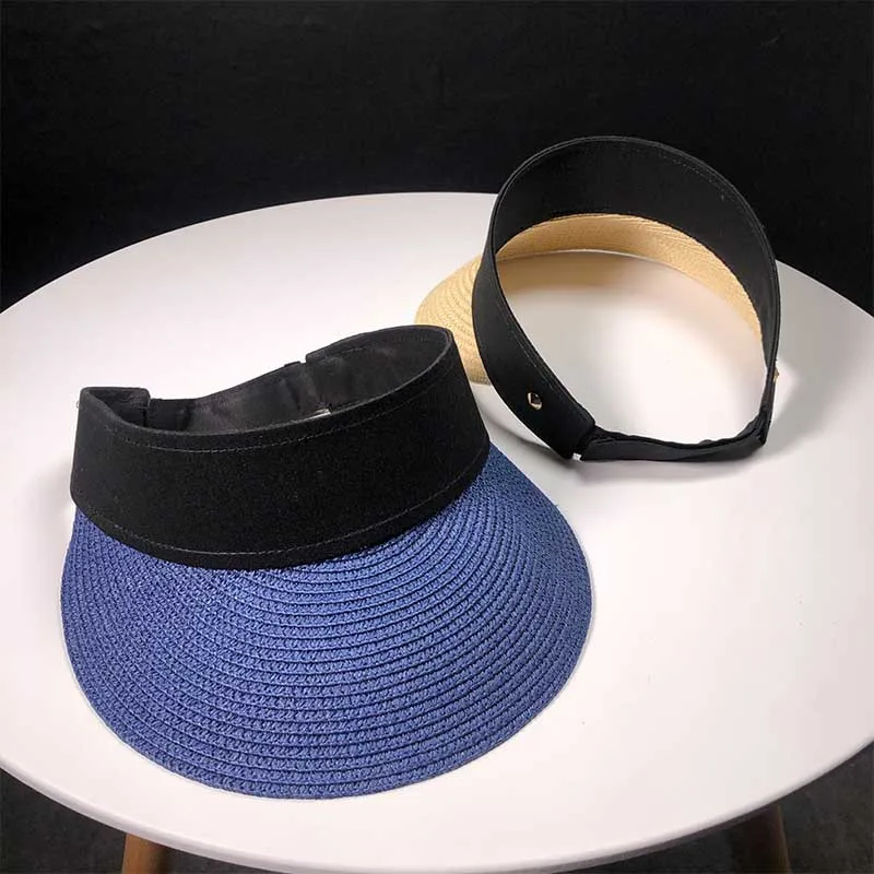 2018 Summer Women Straw Sun Visor Solid Wide Brim Empty Top Hat Unisex Clip on Beach Cap |