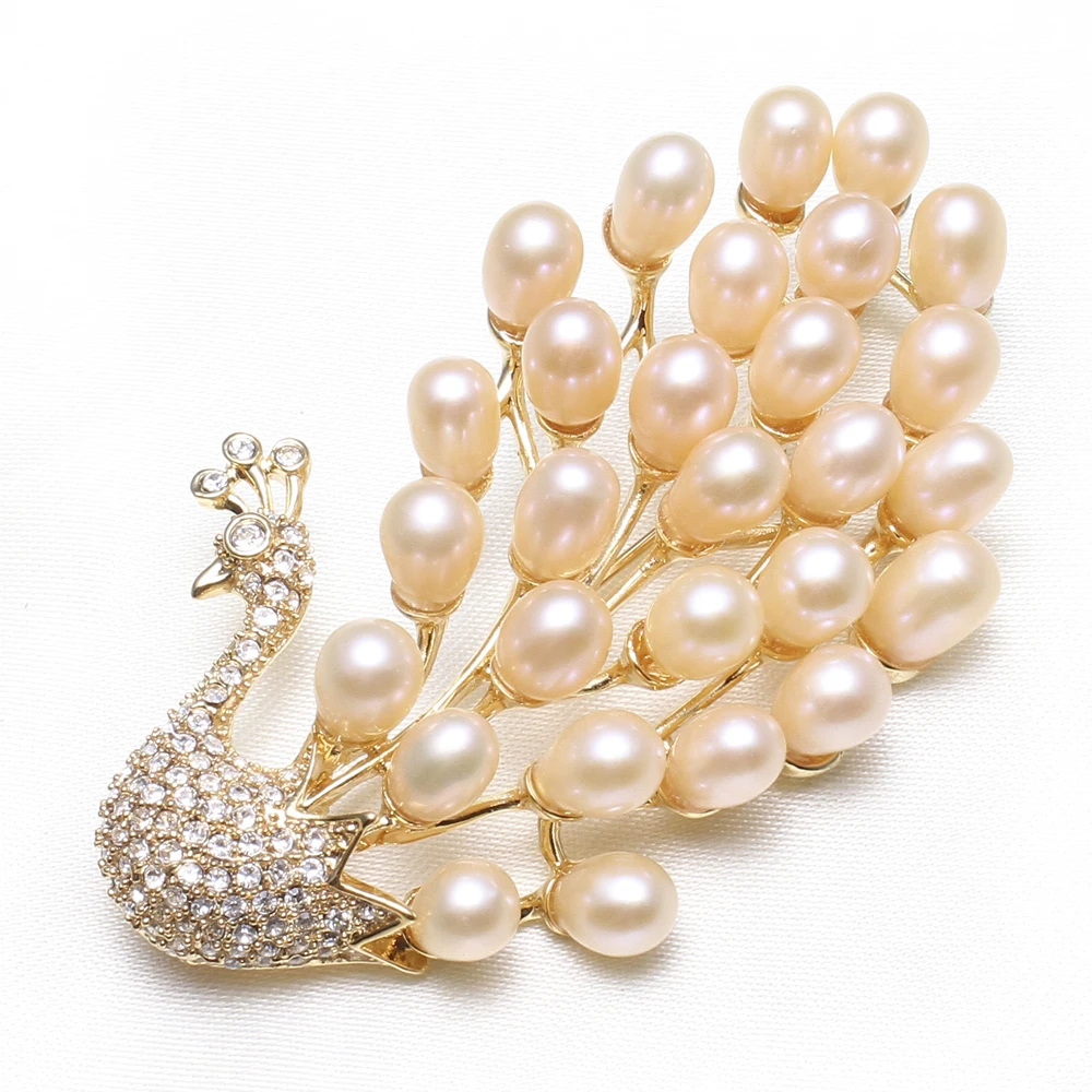 Натуральной розовый белый жемчуг пресноводных брошь павлин горный хрусталь CZ