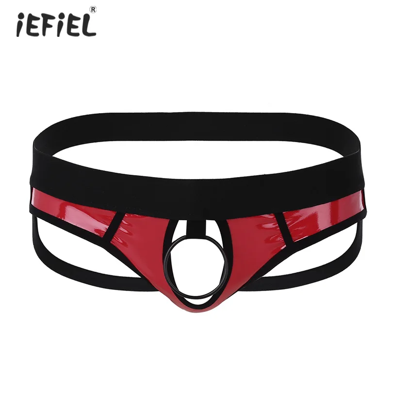 

IEFiEL/мужские Искусственная кожа нижнее белье Sissy трусы с широким открытым промежностью сексуальные трусики Ракушки с низкой посадкой Трусы-...