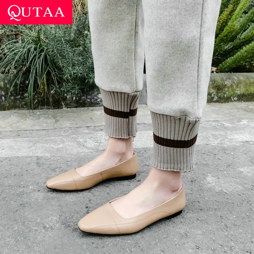 Женские тонкие туфли QUTAA весенне-осенние из коровьей кожи на низком каблуке с