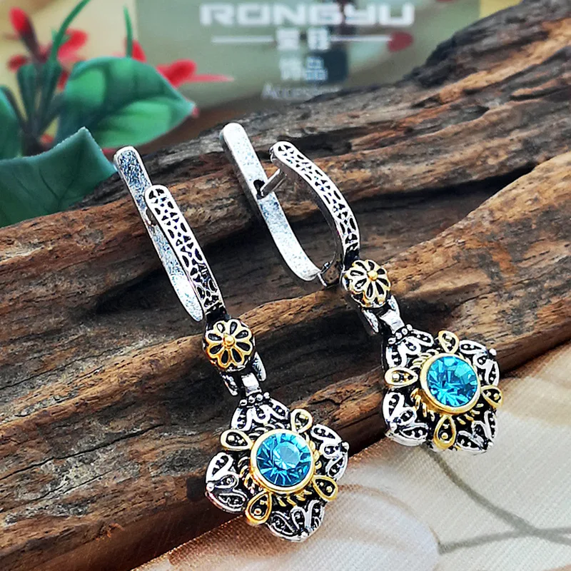 Винтажные серебряные золотые двухцветные длинные висячие серьги с голубыми
