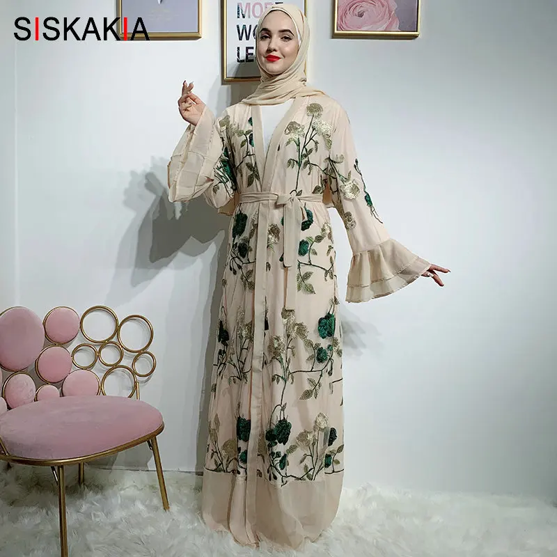 Apricot abaya Siskakia роскошное кружевное платье абайя с вышивкой, модное платье с расклешенными рукавами, Дубай, кардиган, халаты, лето, Исламская одежда - Цвет: Apricot abaya