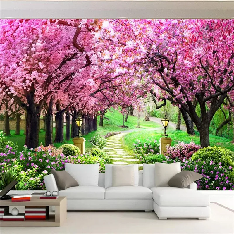 Sakura forest garden path landscape painting wall professional production mural wholesale wallpaper poster photo |