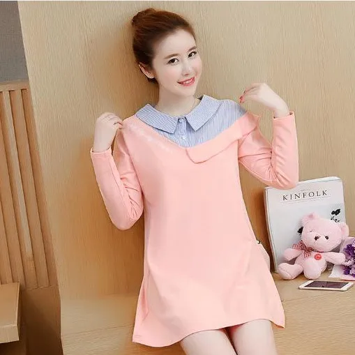 Clobee 2017 осень-зима свободные полосатые отложным воротником лоскутное платье для