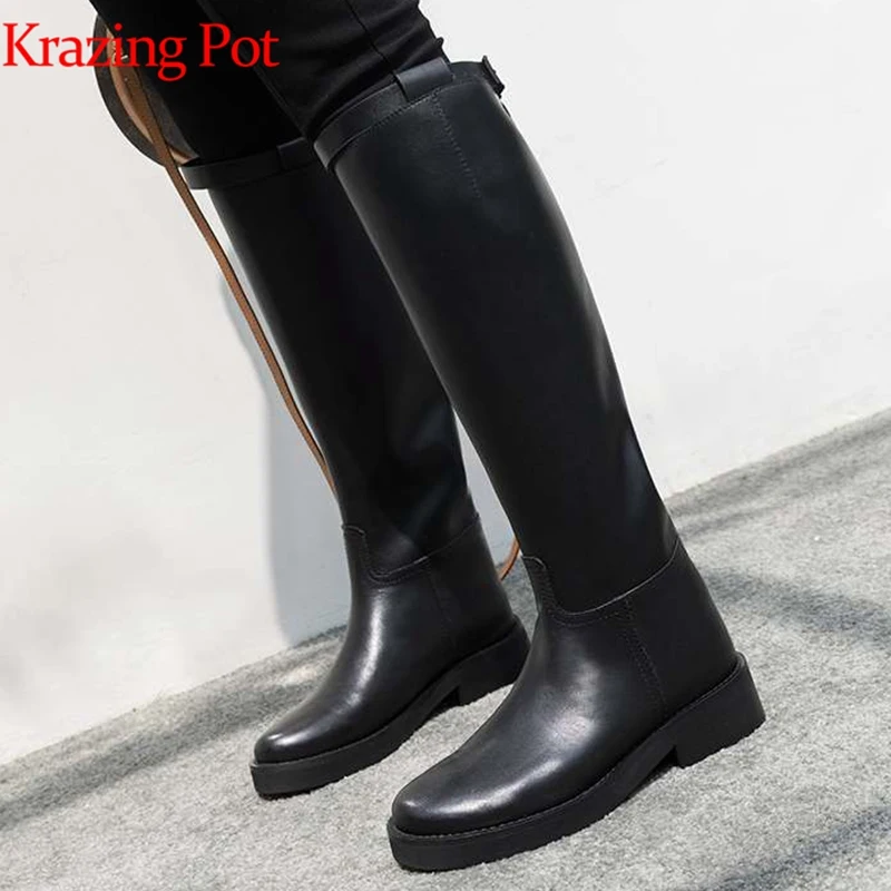 

Krazing Pot cow leather high quality round toe riding equestrian boots zipper buckle straps concise designer thigh high boots