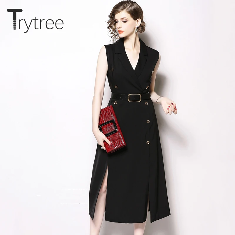 Trytree лето осень платье формальное женское без рукавов ТРАПЕЦИЕВИДНОЕ с поясом