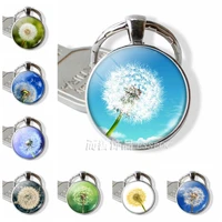 dandelion round silver color keychain key chain ring glass dome cabochon pendant creative fashion jewelry accessories gift