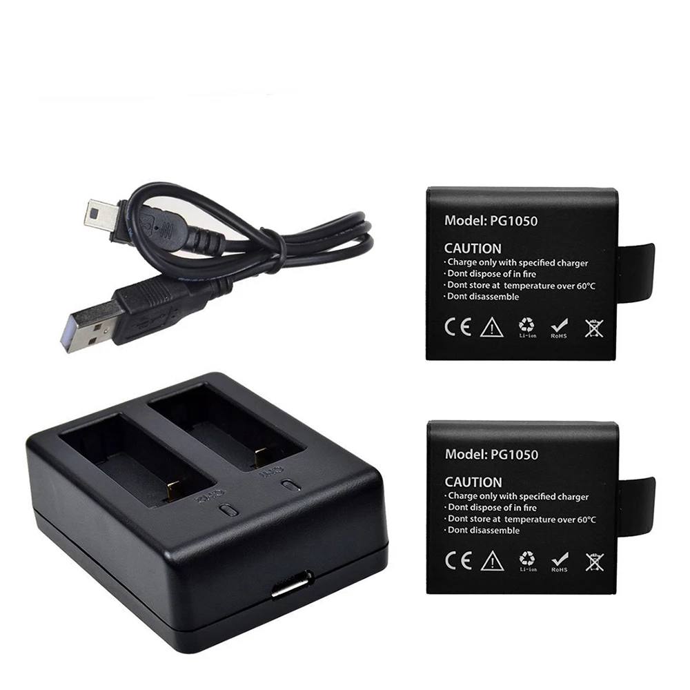 2x1050 мАч для экшн-камеры Sjcam батарея+ USB двойное зарядное устройство для Sj4000(wifi) Sj5000 SJ6000 Sj7000 Eken H9 H9R SOOCOO