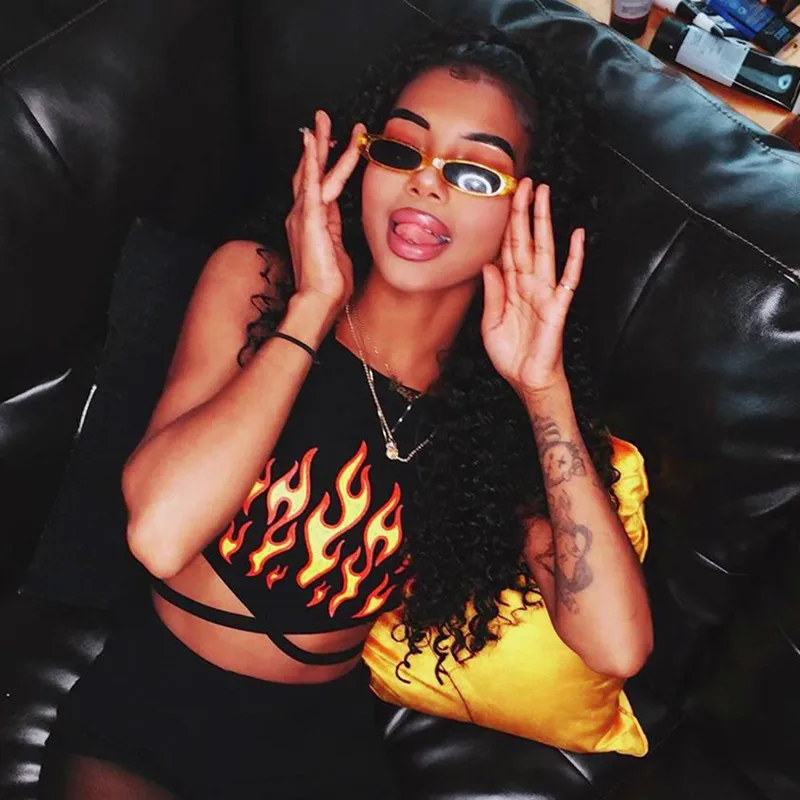 SUCHCUTE Crop Top With Flame Print Female T-Shirt Summer Sexy Streetwear Harajuku Gothic Korean Style Topics Body For Women