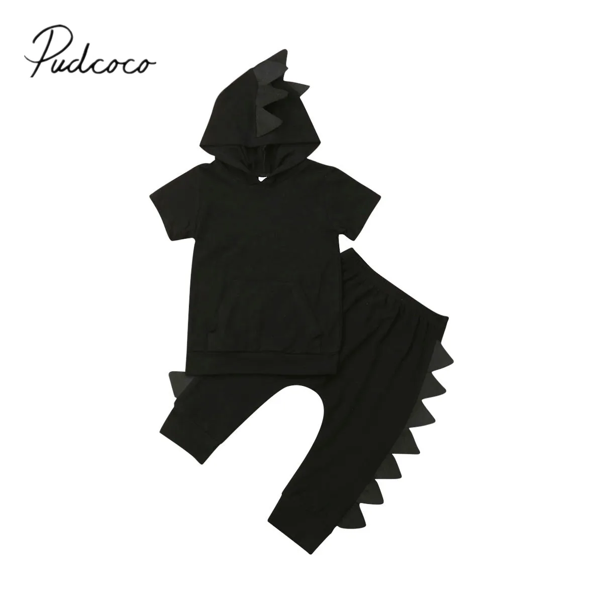 2019 Baby Summer Clothing 1-5Y Toddler Kids Boy Dinosaur Clothes Sets Black Solid Hooded Tops T-shirt Pants Trousers Outfit |