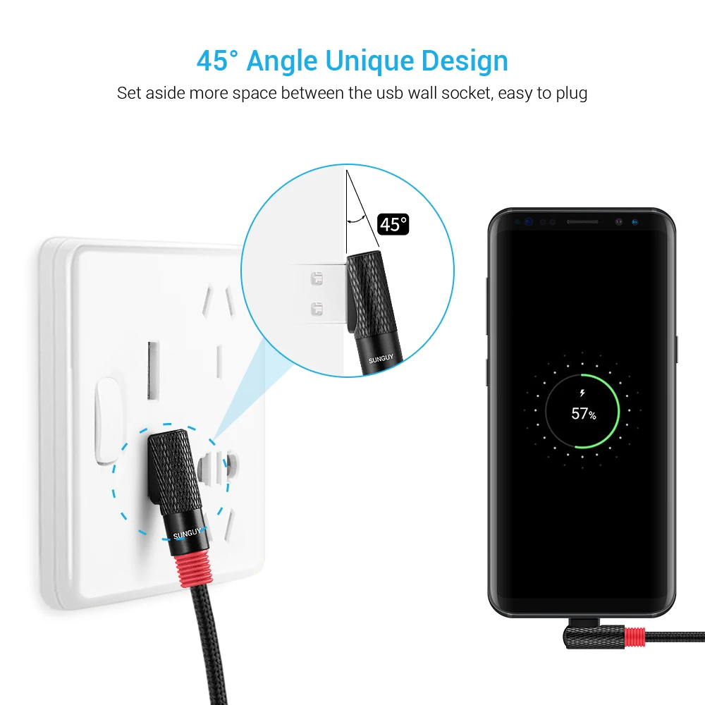SUNGUY прямоугольный кабель usb type C плетеный для быстрой зарядки передачи данных samsung